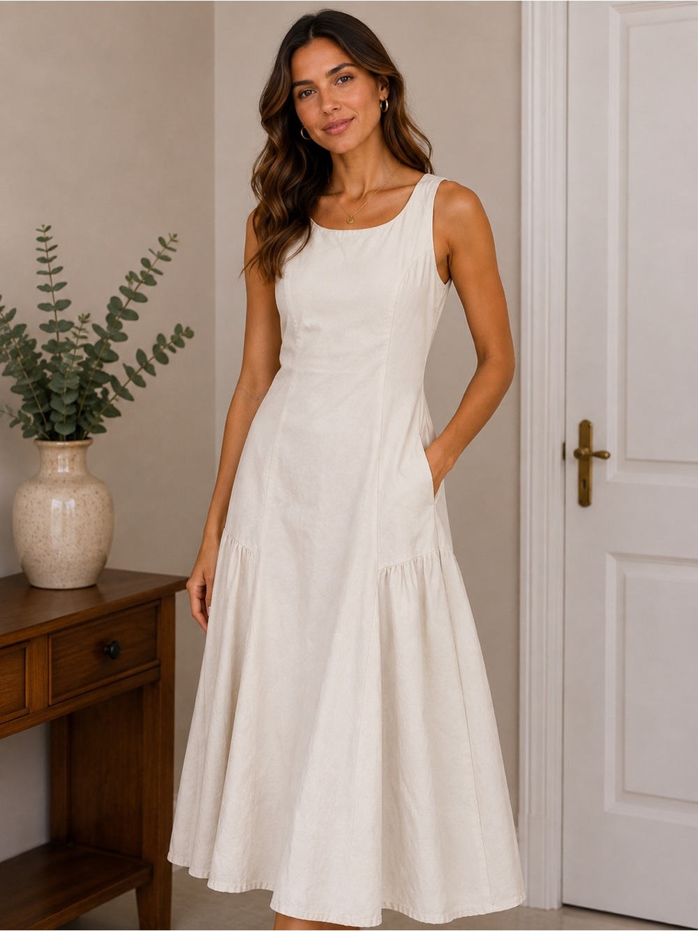 Sleeveless Cream Midi Dress with Flared Skirt and Side Pockets large
